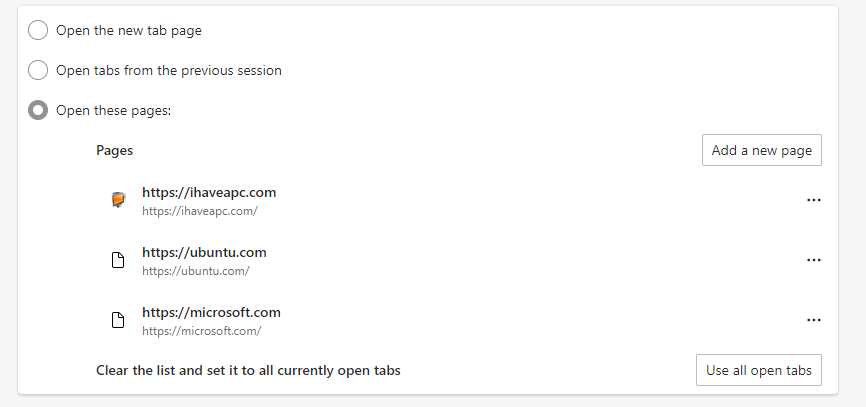 a list of pages that are set to open every time Edge starts