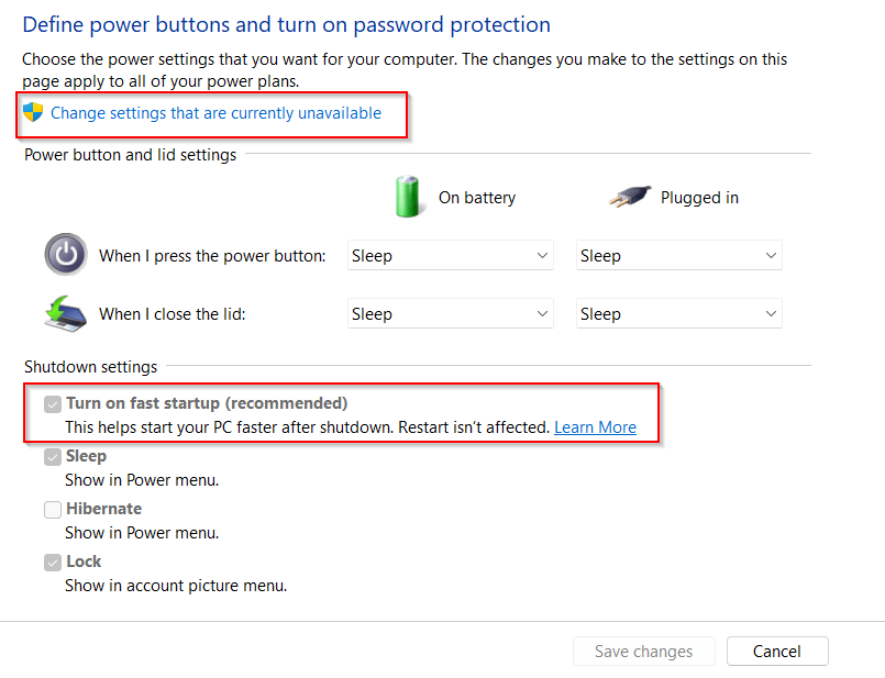 shutdown settings that are enabled by default in windows 11