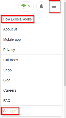 Ecosia menu settings