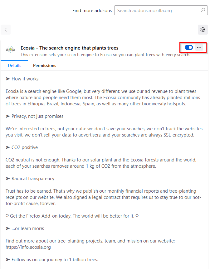 turn off or remove Ecosia add-on for Firefox
