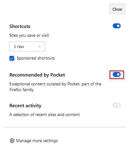 enable recommendations by Pocket in Firefox