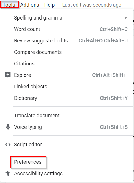 accessing google docs preferences