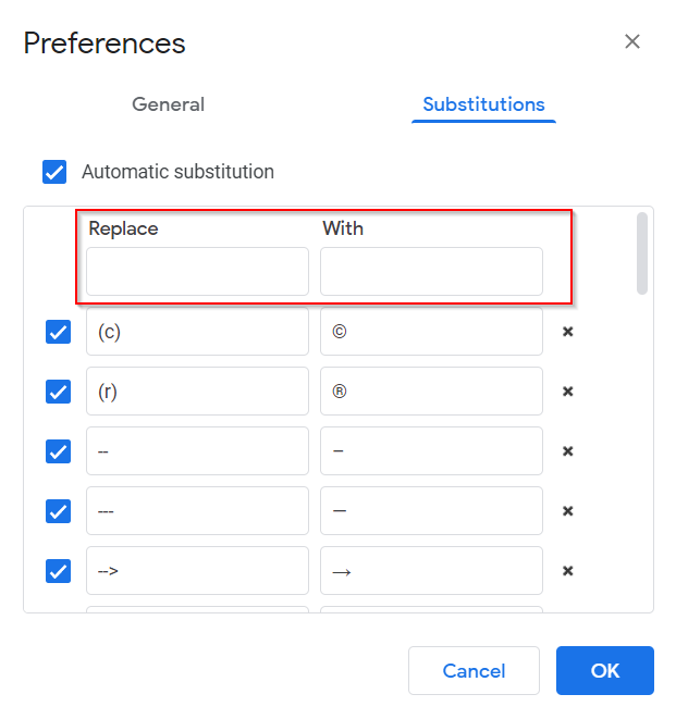 substitutions in google docs