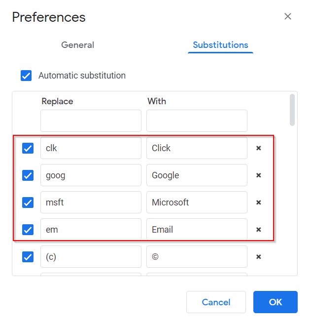 assign custom substitutions in google docs