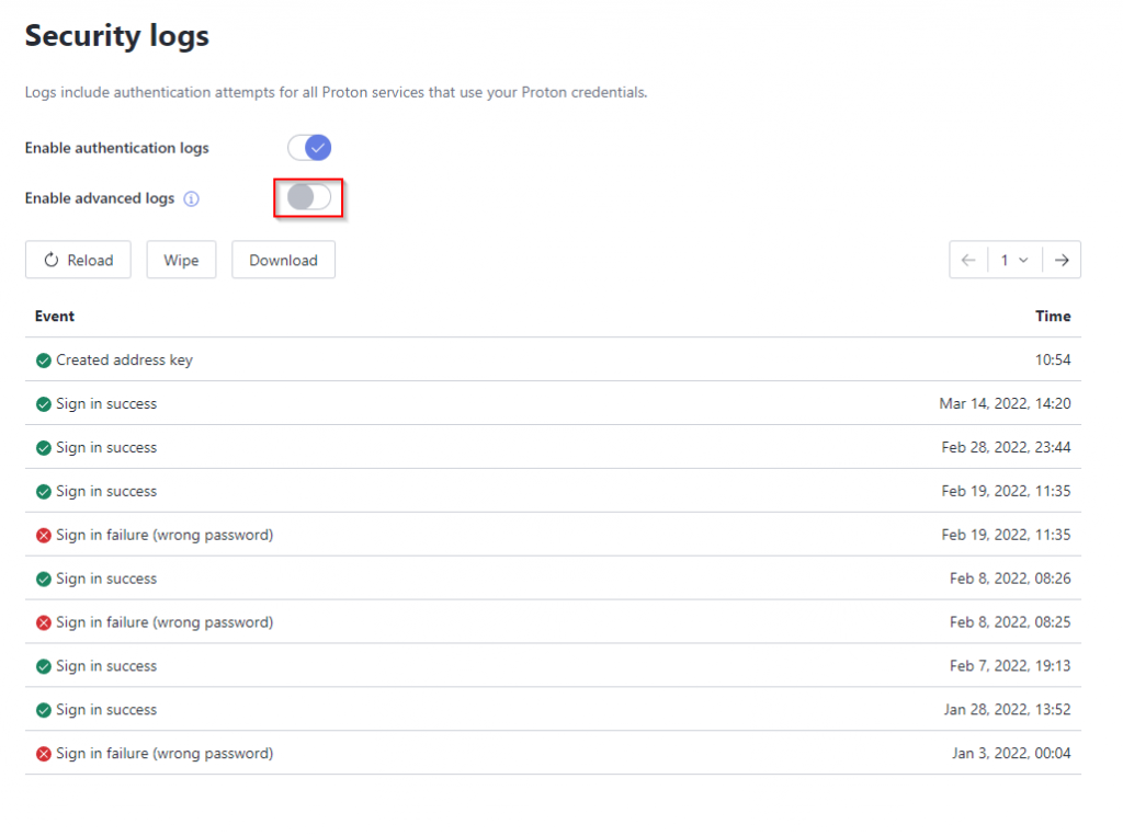 enable advanced logs in ProtonMail