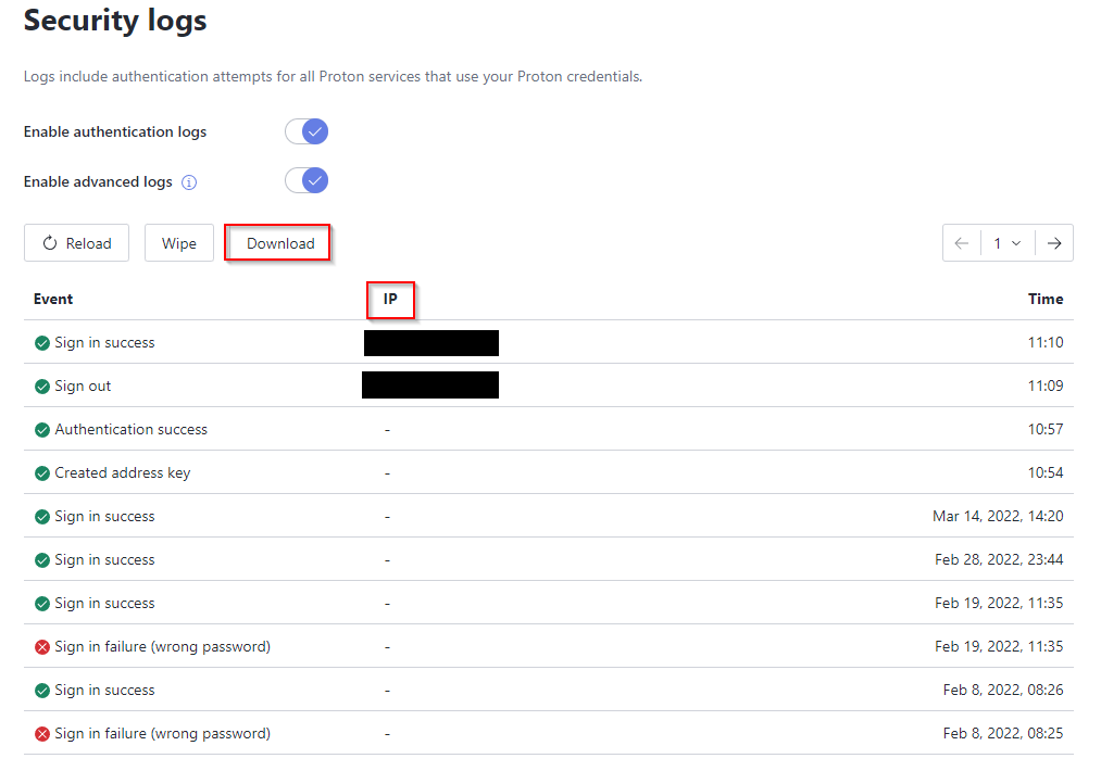 advanced logs enabled in ProtonMail