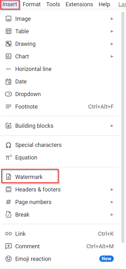 watermark option in google docs