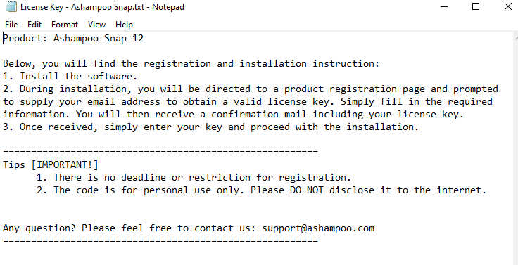 license key for Ashampoo Snap and activation instructions