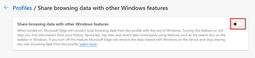 Turn off browsing data sharing of Edge with other Windows features