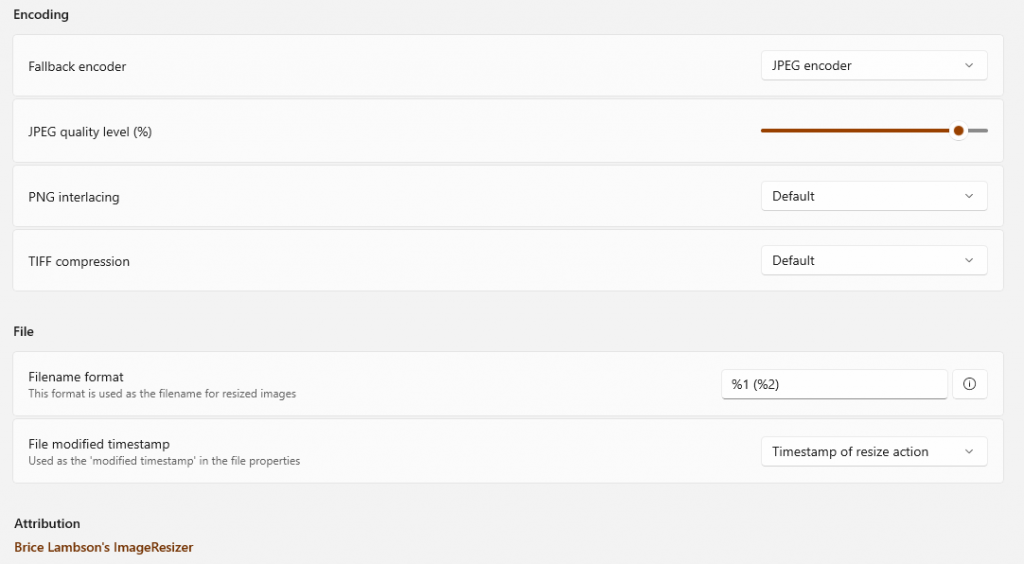 encoding and other settings for Image Resizer