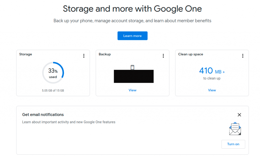 Google One storage dashboard