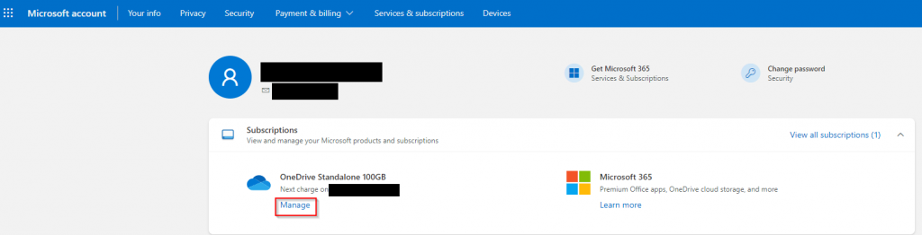 Active subscription in Microsoft account