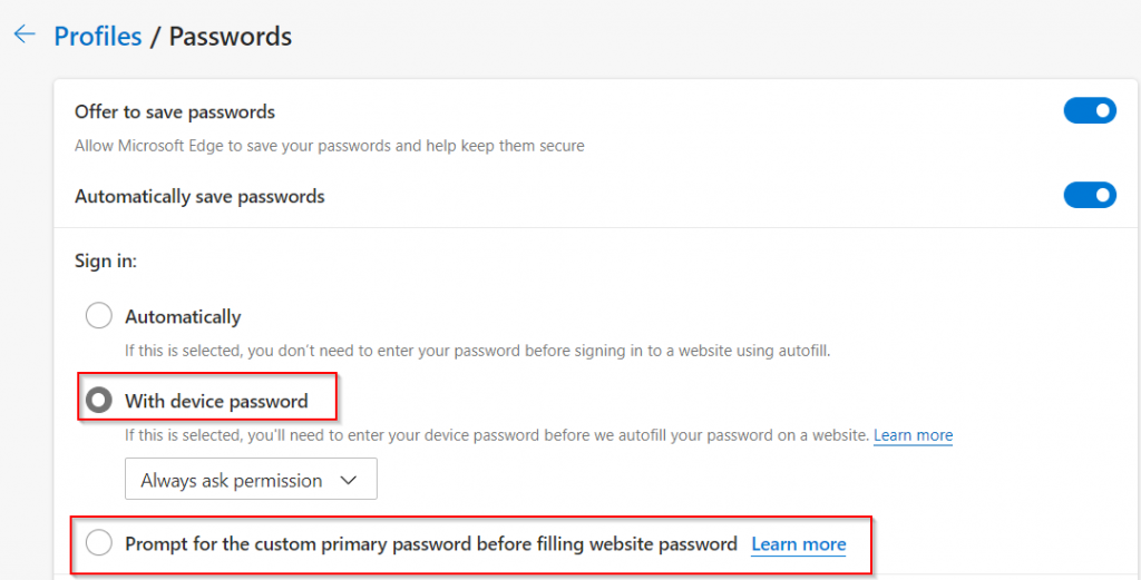 Options to set passwords before autofill in Edge