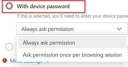 Device password options in Edge