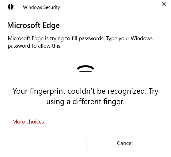 Device password prompt in Edge before autofilling saved passwords