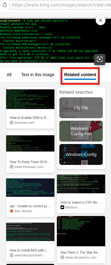 Related content for searched images in Edge