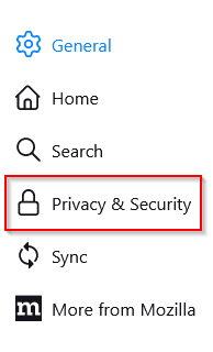 Privacy & Security menu in Firefox