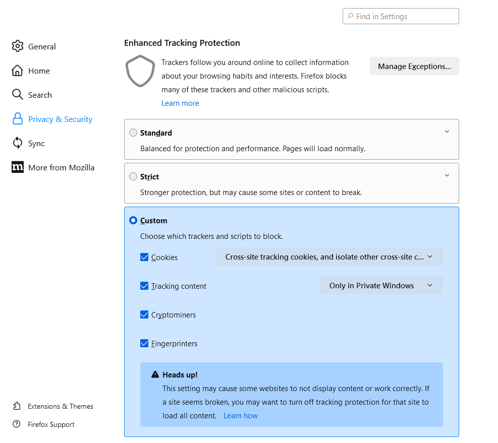 Enhanced tracking protection settings in Firefox