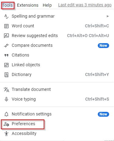 accessing Google Docs preferences