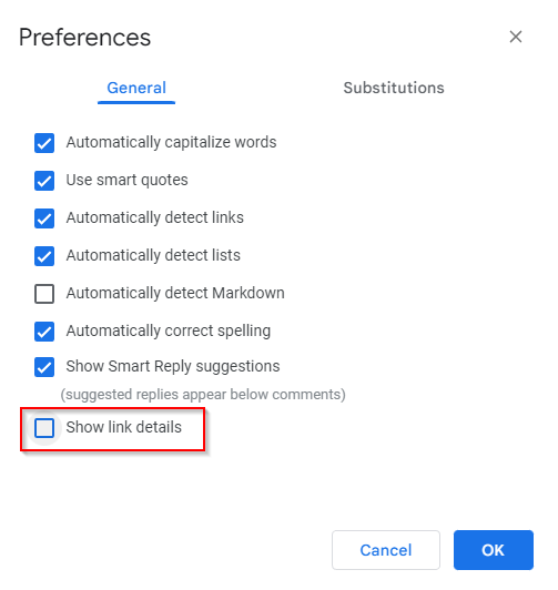 Turn off link details in Google Docs