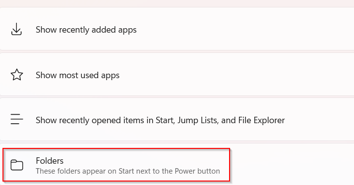 Folders settings for Windows 11 Start menu