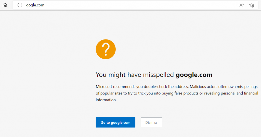 Edge Website typo protection feature in action