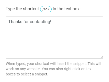 text snippet expands from the set shortcut