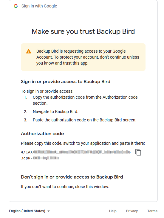 Google Drive authentication for Backup Bird