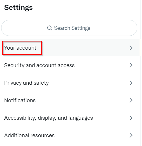 Twitter account settings