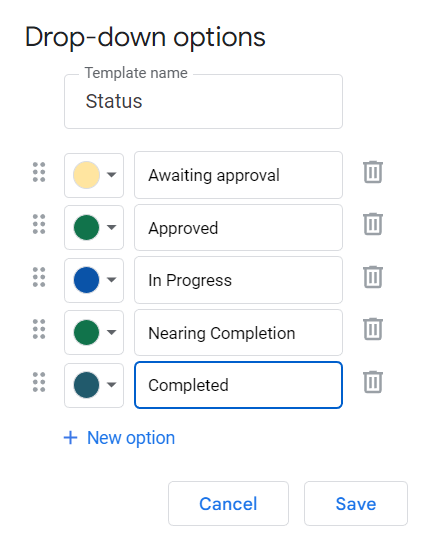 color coding options in drop-down