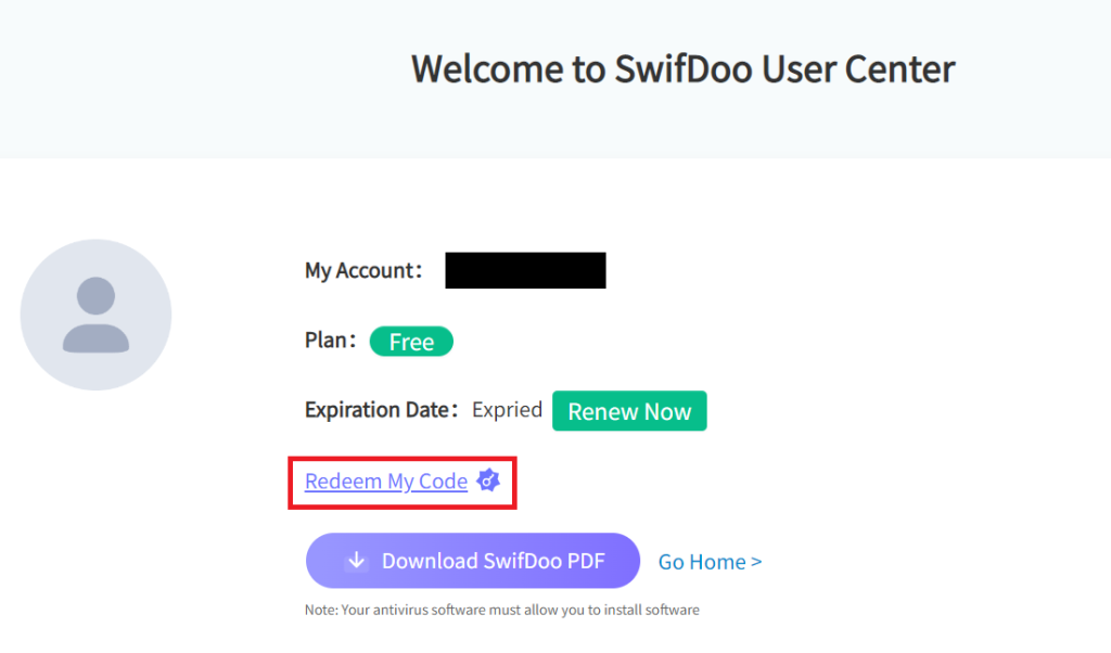 redeem the code from SwifDoo account page