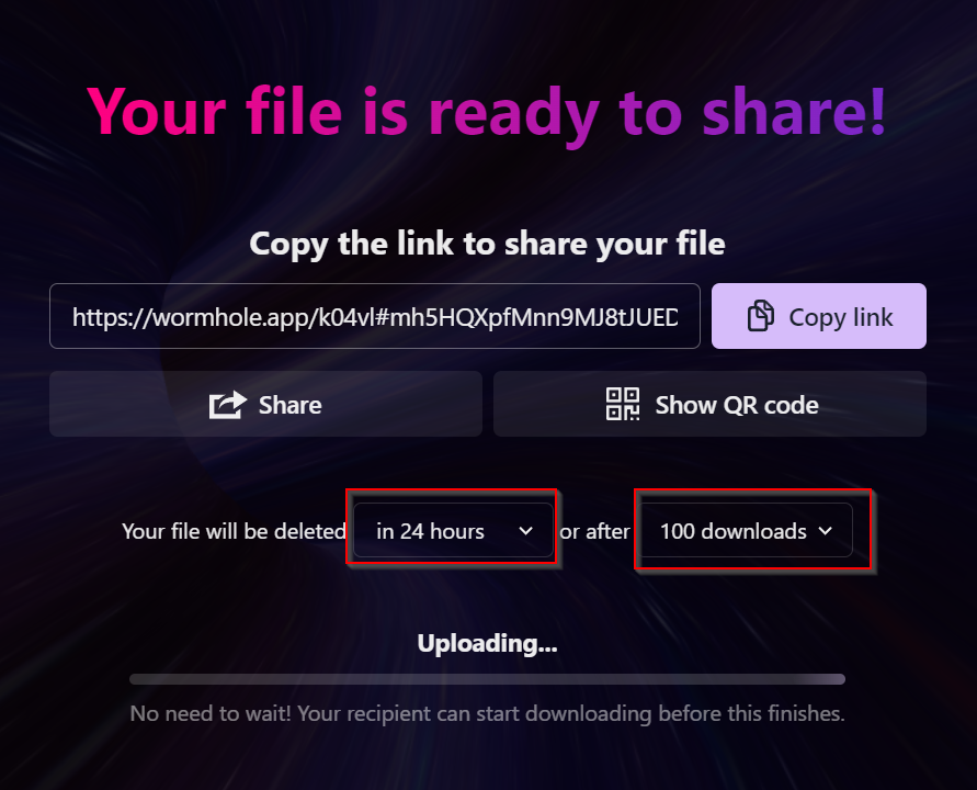 File sharing link created using Wormhole