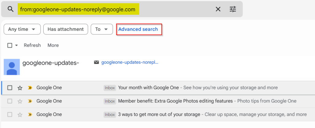search results listing messages sorted by sender in Gmail