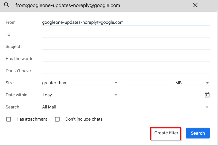 creating an advanced search filter in Gmail