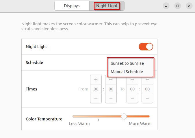 Night Light settings in Ubuntu
