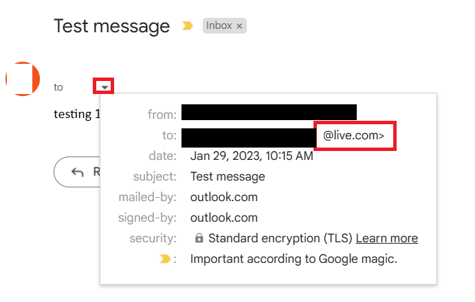 Outlook.com message forwarded to Gmail inbox
