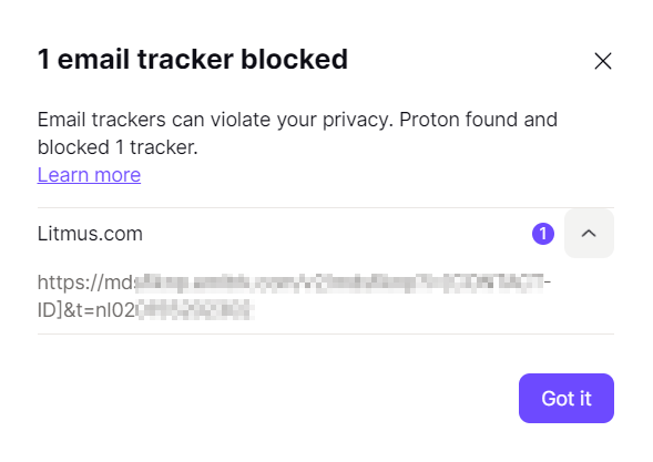 details of blocked email trackers in ProtonMail