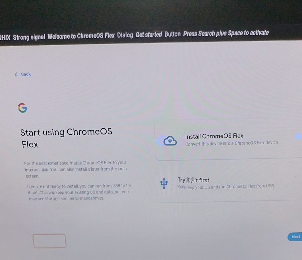 ChromeOS Flex live environment and installation