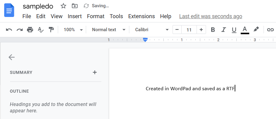 RTF file opened for editing in Google Docs