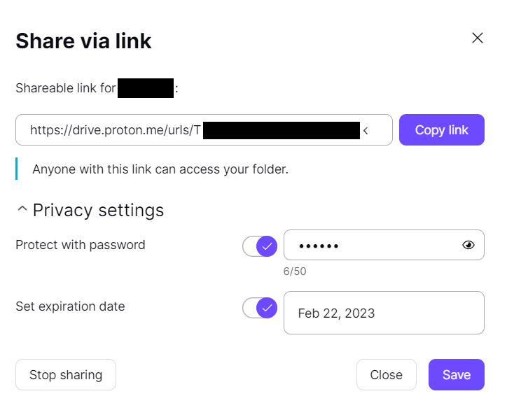 create shareable links in Proton Drive