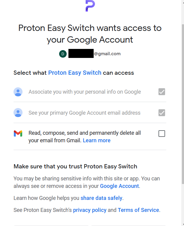 Allow Proton Mail access to Google account