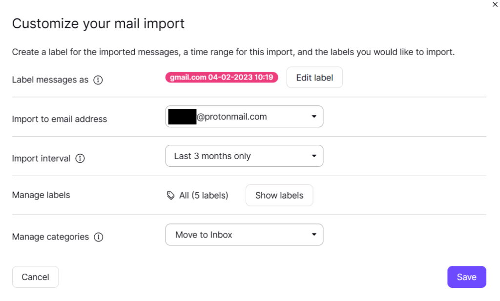 Change email labels and other settings before importing them to Proton Mail