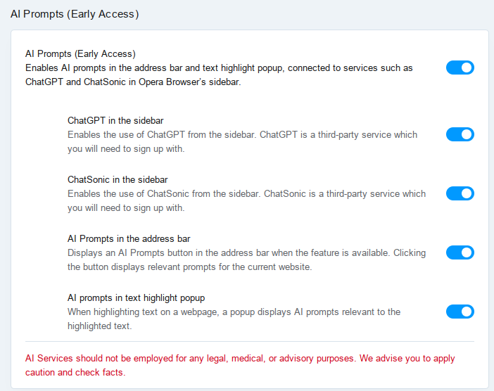 AI Prompts enabled in Opera