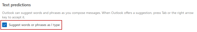 Toggle on/off text predictions in Outlook for web