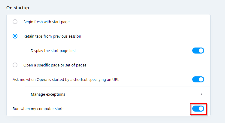 Opera startup settings