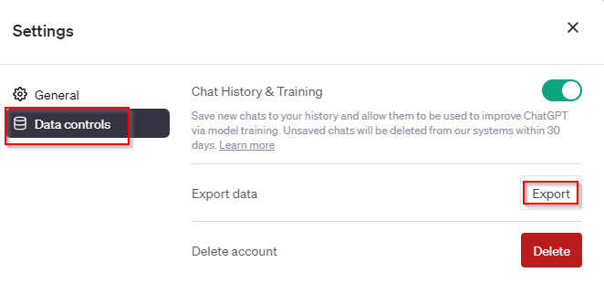 Data controls settings for ChatGPT