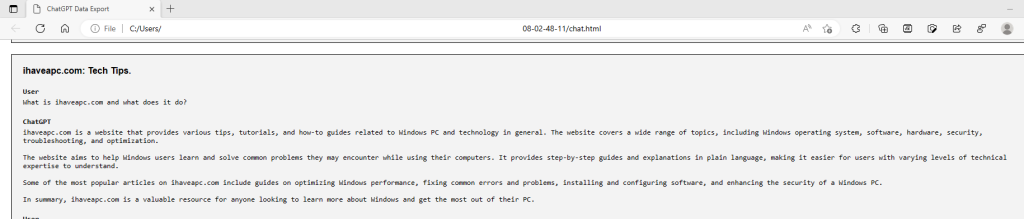 Chat history for ChatGPT exported data can be viewed as a HTML file