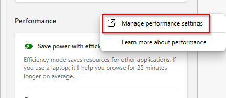 accessing performance settings from Browser essentials