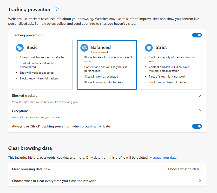 Edge privacy and safety settings