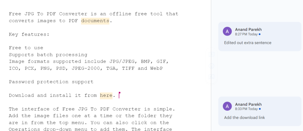 Comments and Edits turned on in Google Docs